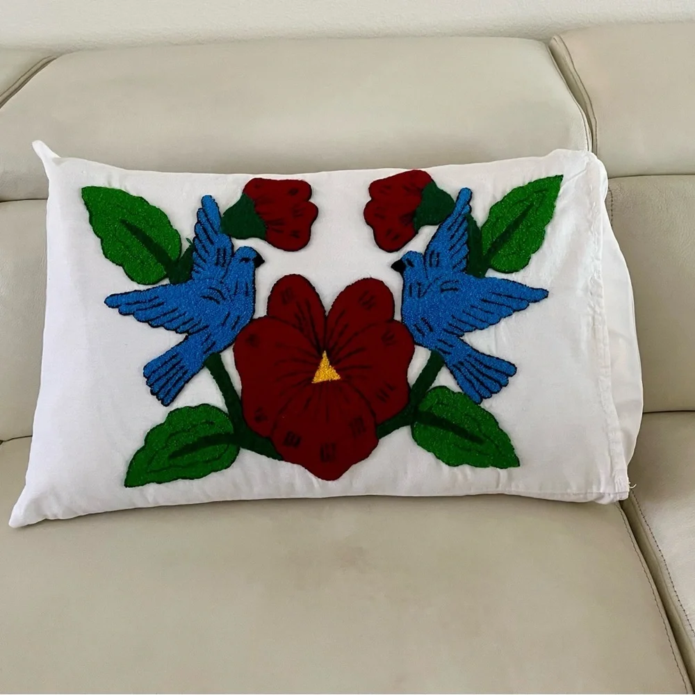 Embroidered Pillow with Birds and Flowers 17/26 inches